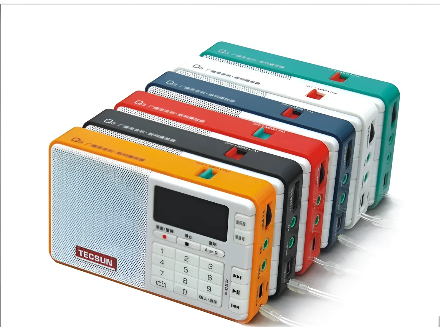 Tecsun Q3 portable digital audio player with MP3 and radio functions in six colour options