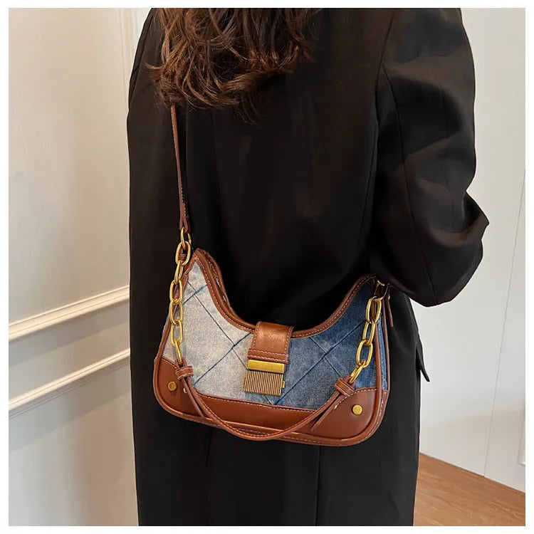 Brown denim women's shoulder bag with diamond chain design and bucket shape