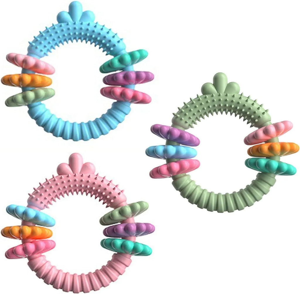 Blue TPR rubber dog chew toy with textured surface for dental cleaning, measuring 13cm diameter