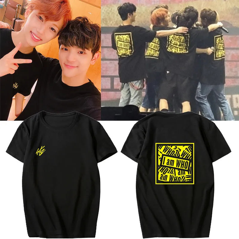 Stray Kids I Am WHO black cotton short-sleeved T-shirt with geometric print