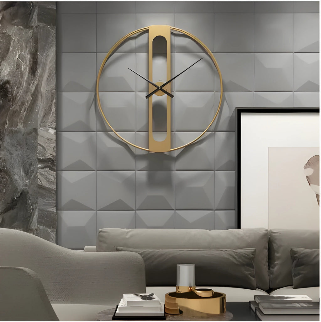 Round metal wall clock with a 50cm diameter face in a choice of black or gold colour.