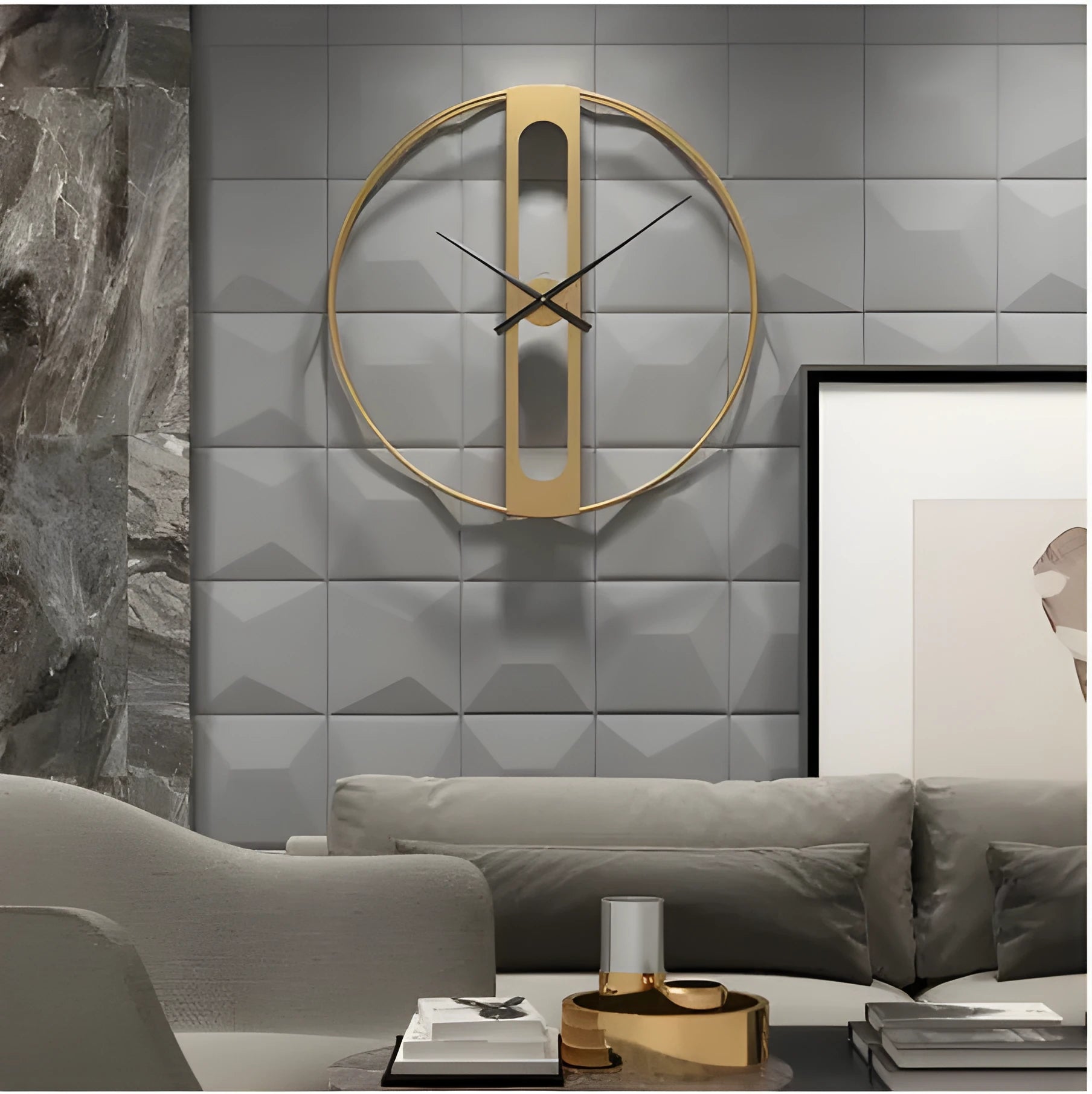 Round metal wall clock with a 50cm diameter face in a choice of black or gold colour.