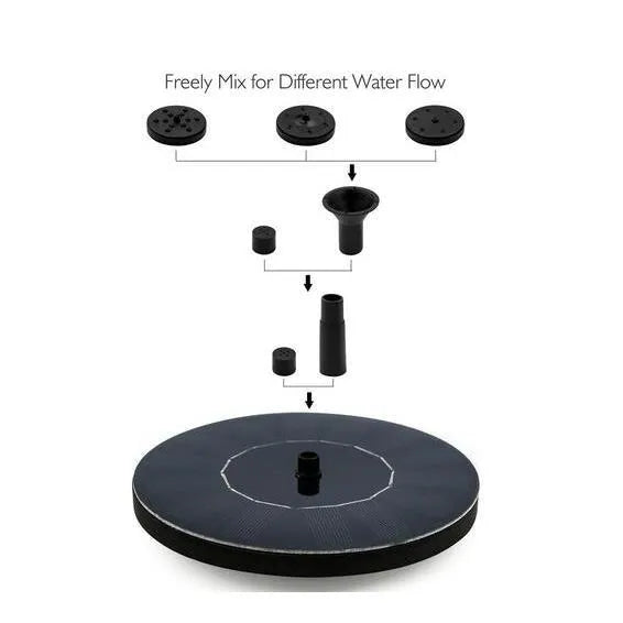 Black solar-powered floating fountain pump with four spray nozzles on a solar panel base
