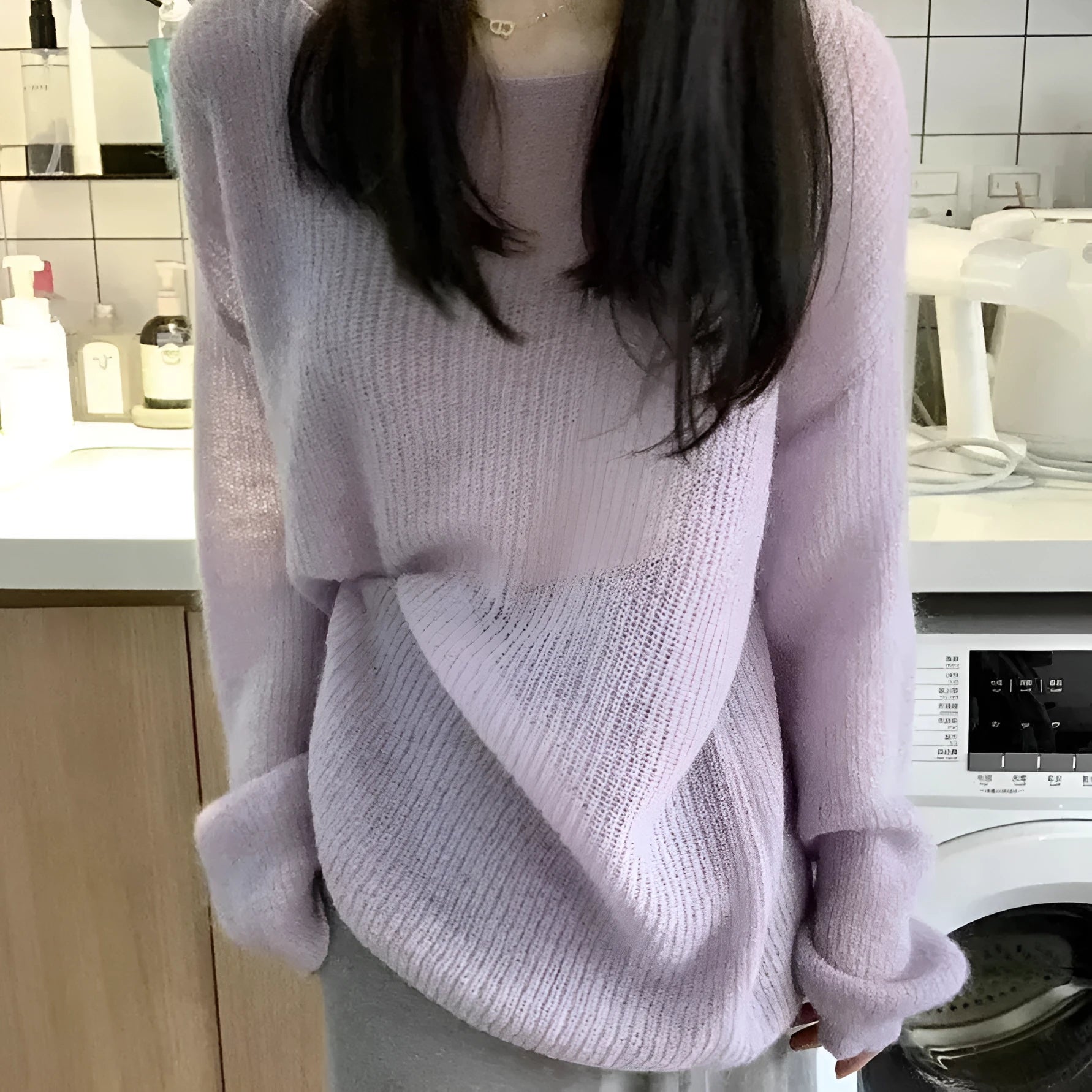 Purple women's blouse with hollow out patterns and princess sleeves in ice silk fabric