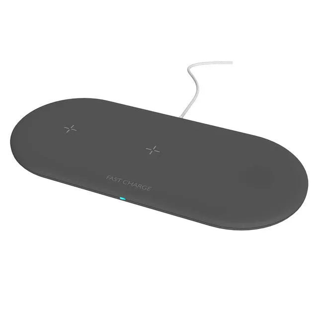Black or white three-in-one wireless charging station for Apple-compatible phone, watch, and headphones on a desktop