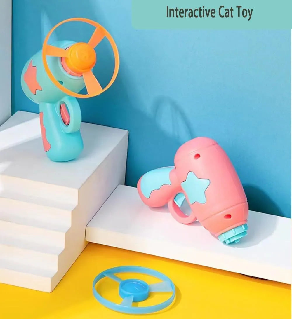 Blue or pink plastic cat toy gun with frisbee for indoor cat play