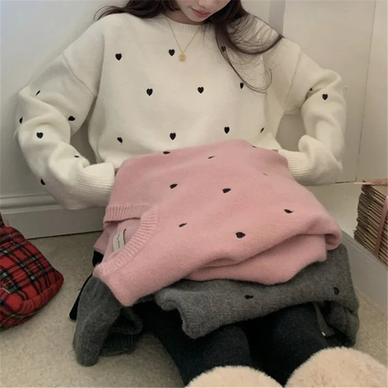 Women's loose fit embroidered pullover sweater in milky white, gray, or pink colour