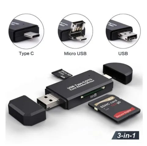 Black USB 3.0 memory card reader for SD and TF cards with a Type-C connector