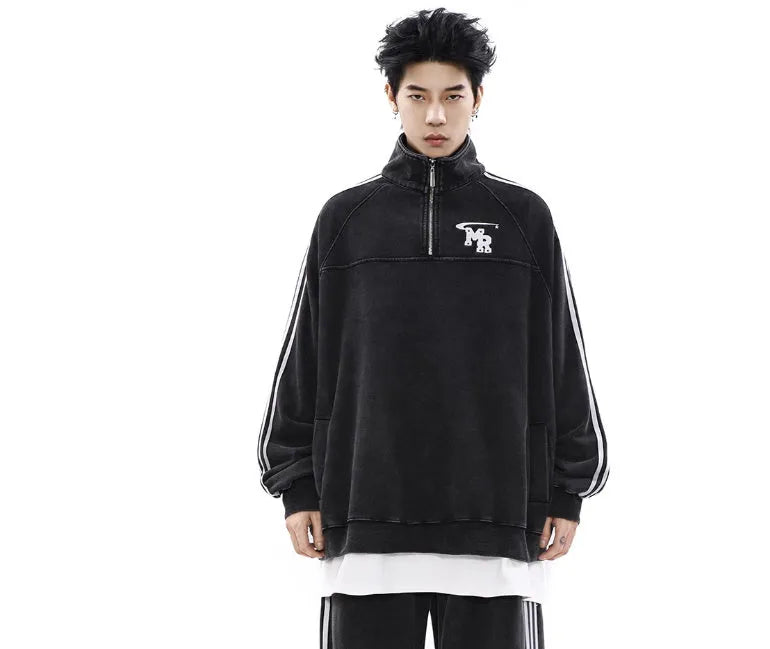 Black long sleeve sports hoodie with stand collar showing Hong Kong style details