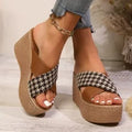 Brown and black cross leopard plaid wedge sandals with rubber soles
