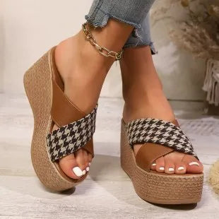 Brown and black cross leopard plaid wedge sandals with rubber soles
