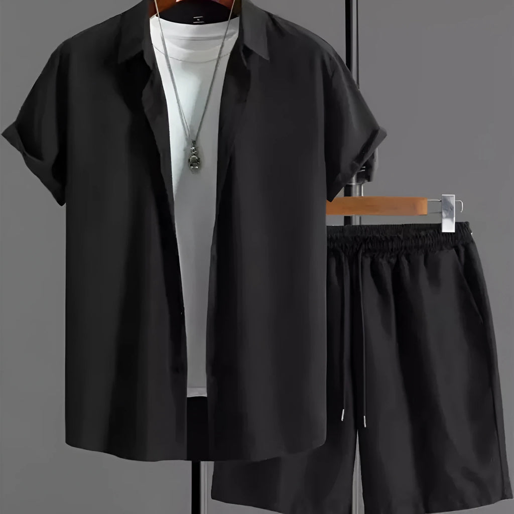 Black and white jacquard short sleeve suit set with shirt and shorts in solid color