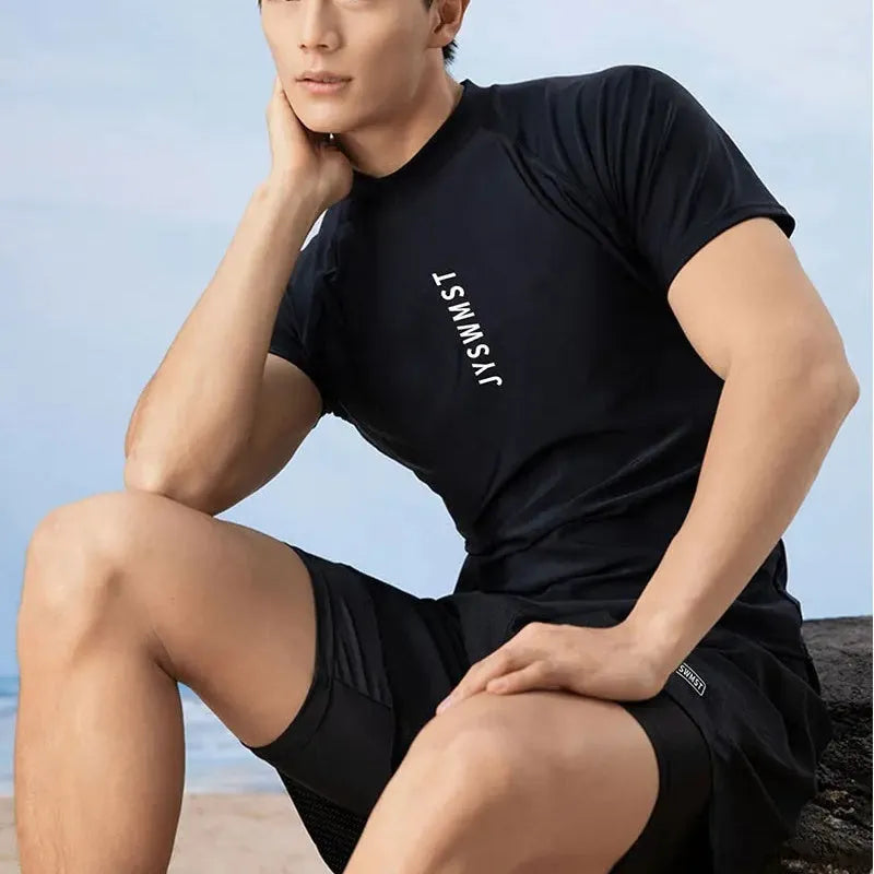 Men's plus size polyester swimsuit set with top and swimming trunks