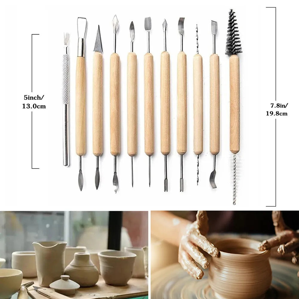 11-piece clay pottery tool set with wooden handles and stainless steel blades
