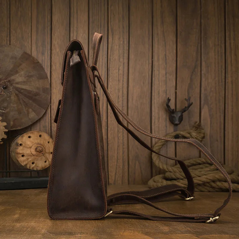 Dark brown genuine leather men's travel bag with vertical square design and shoulder straps