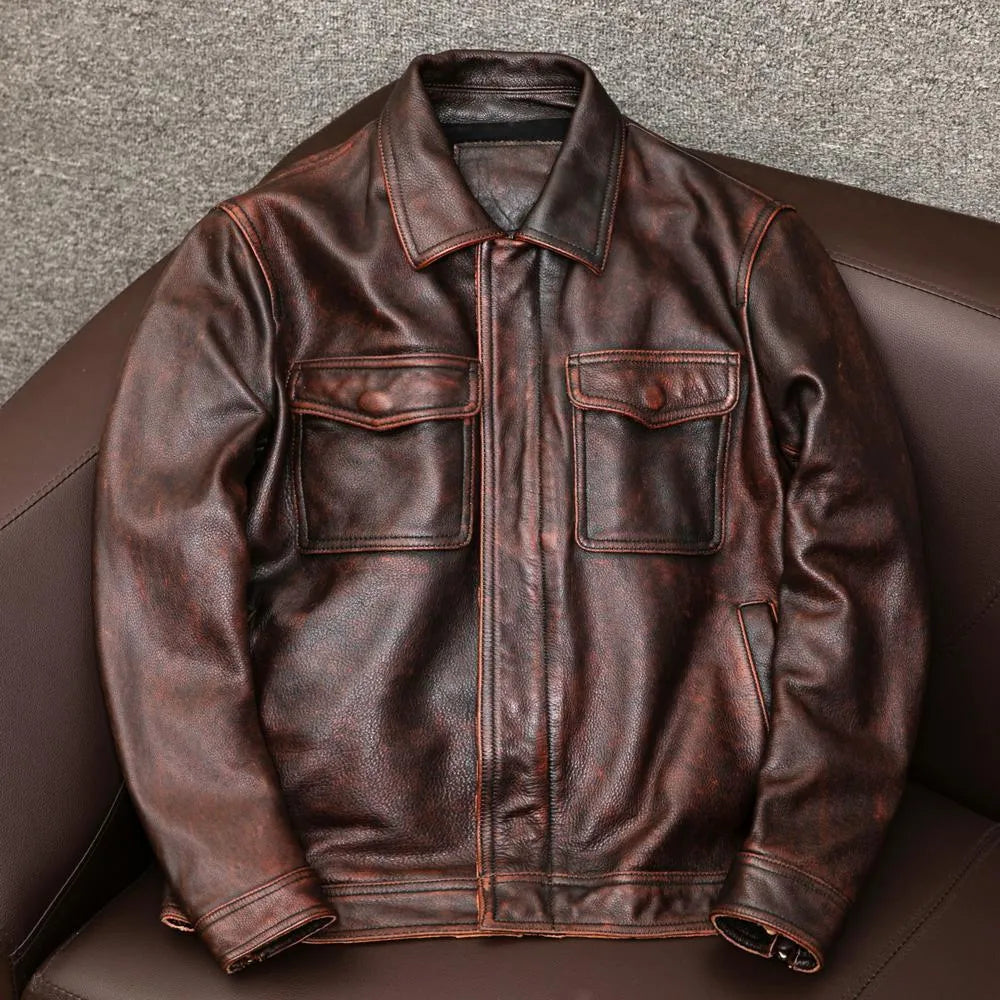Leather pattern lapel jacket in loose fit with side seam pockets for men