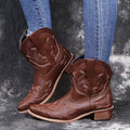 Blue women's cowboy boots with embroidery, a low wedge heel, and a pointed toe.