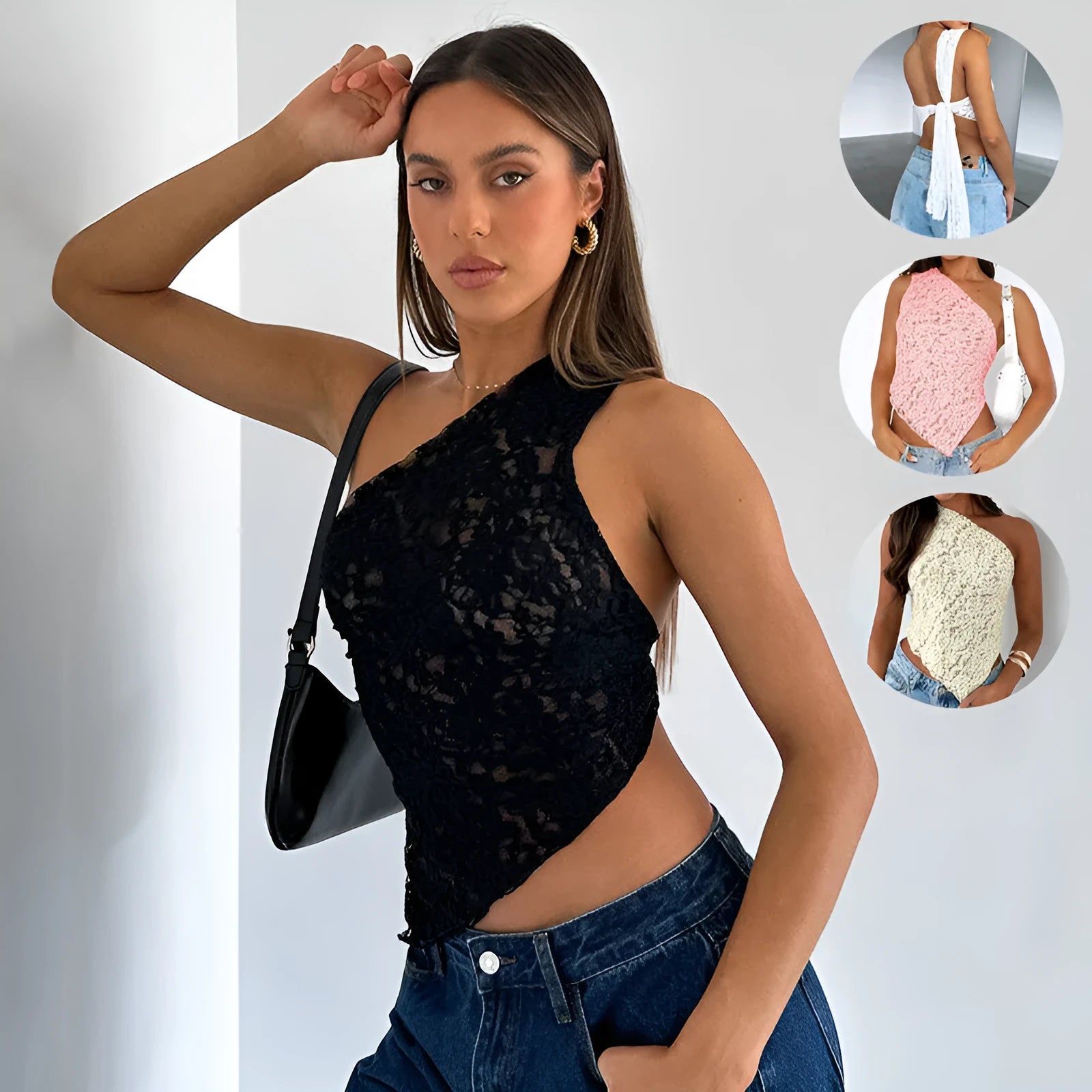 Women's lace backless vest with asymmetrical neckline in slim fit street hipster style