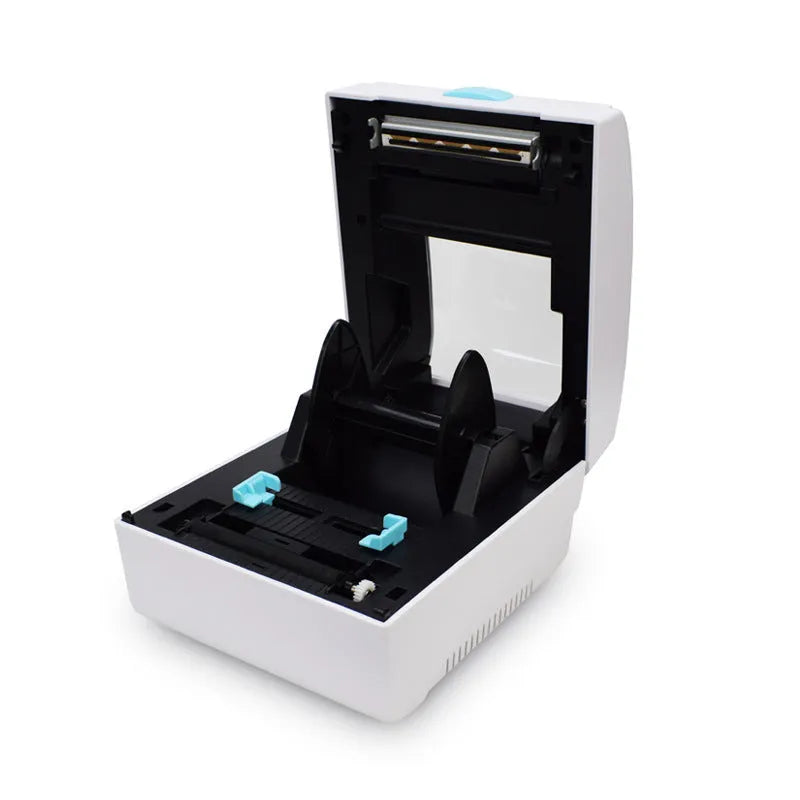 White Bluetooth heat-sensitive label printer with compact 200mm width dimensions