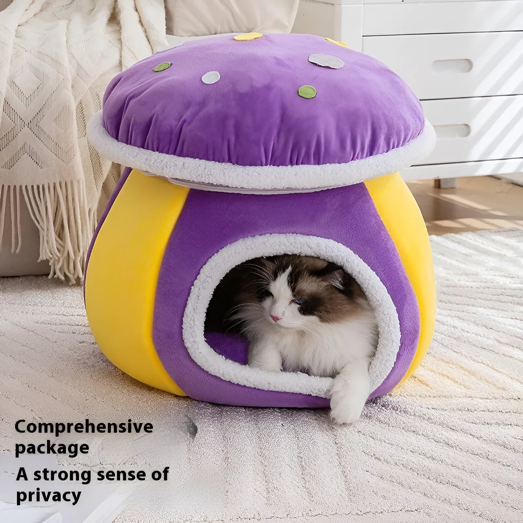Mushroom-shaped cat bed in rabbit plush material showing grey, pink and purple colour options