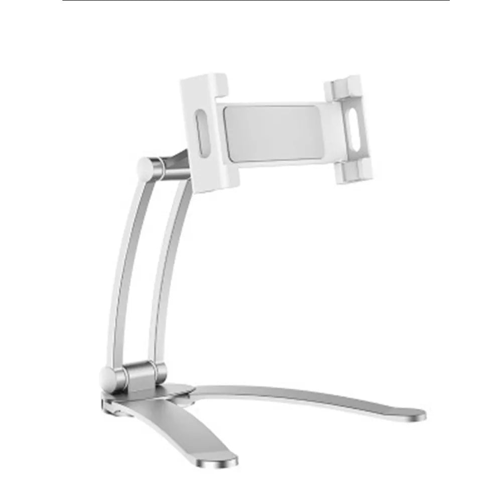 Silver aluminum alloy adjustable tablet stand holding a tablet with 360-degree rotation capability