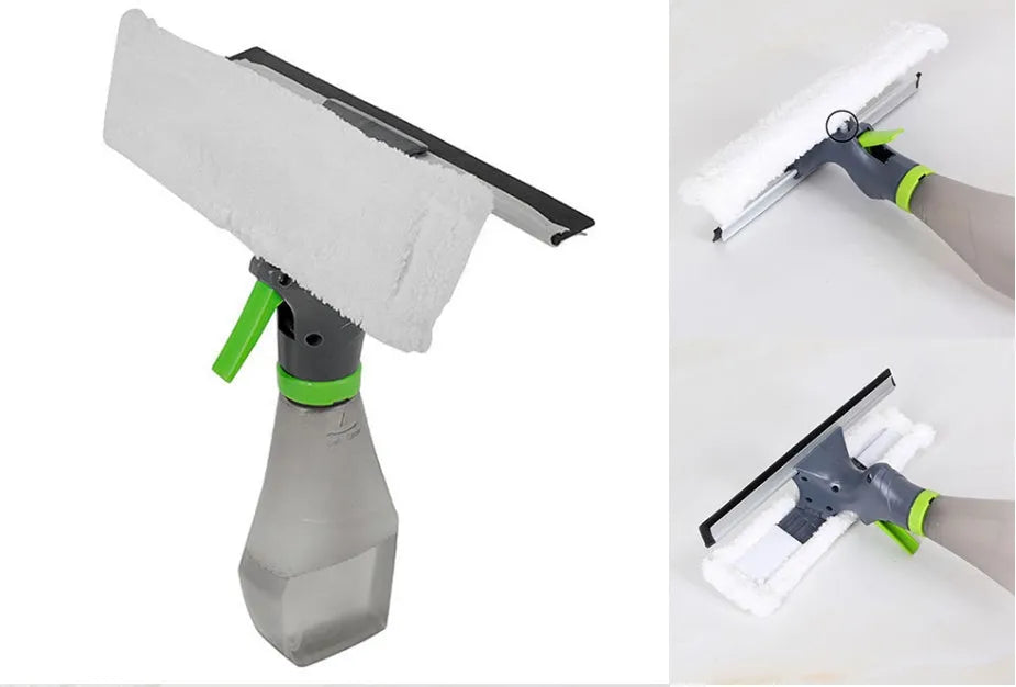 3-in-1 handheld car and window cleaning tool with spray bottle and silicone scraper, 25 cm length, plastic and super fibre materials