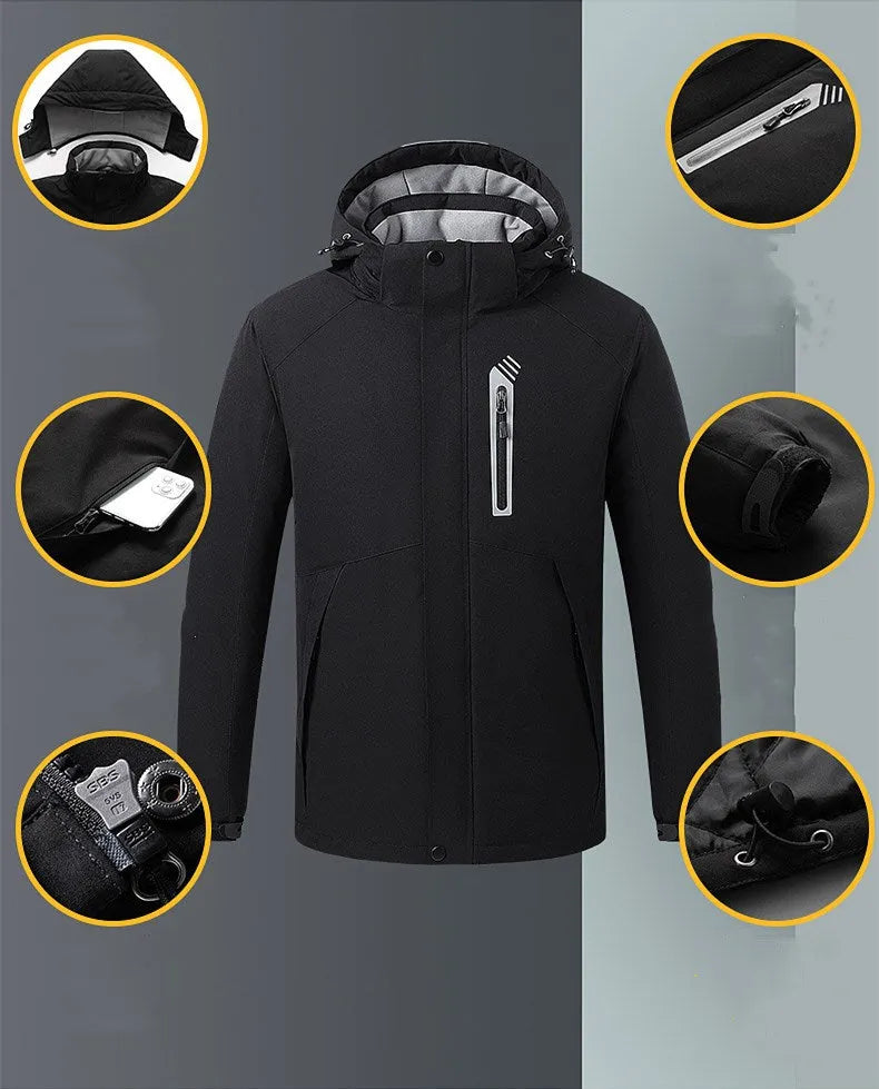 Smart thermostat heated jacket in Army Green with 90% nylon 10% spandex shell and polyester lining