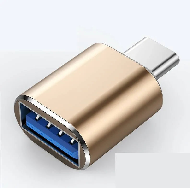 Type-C OTG USB adapter shown in black, silver, and gold colour options