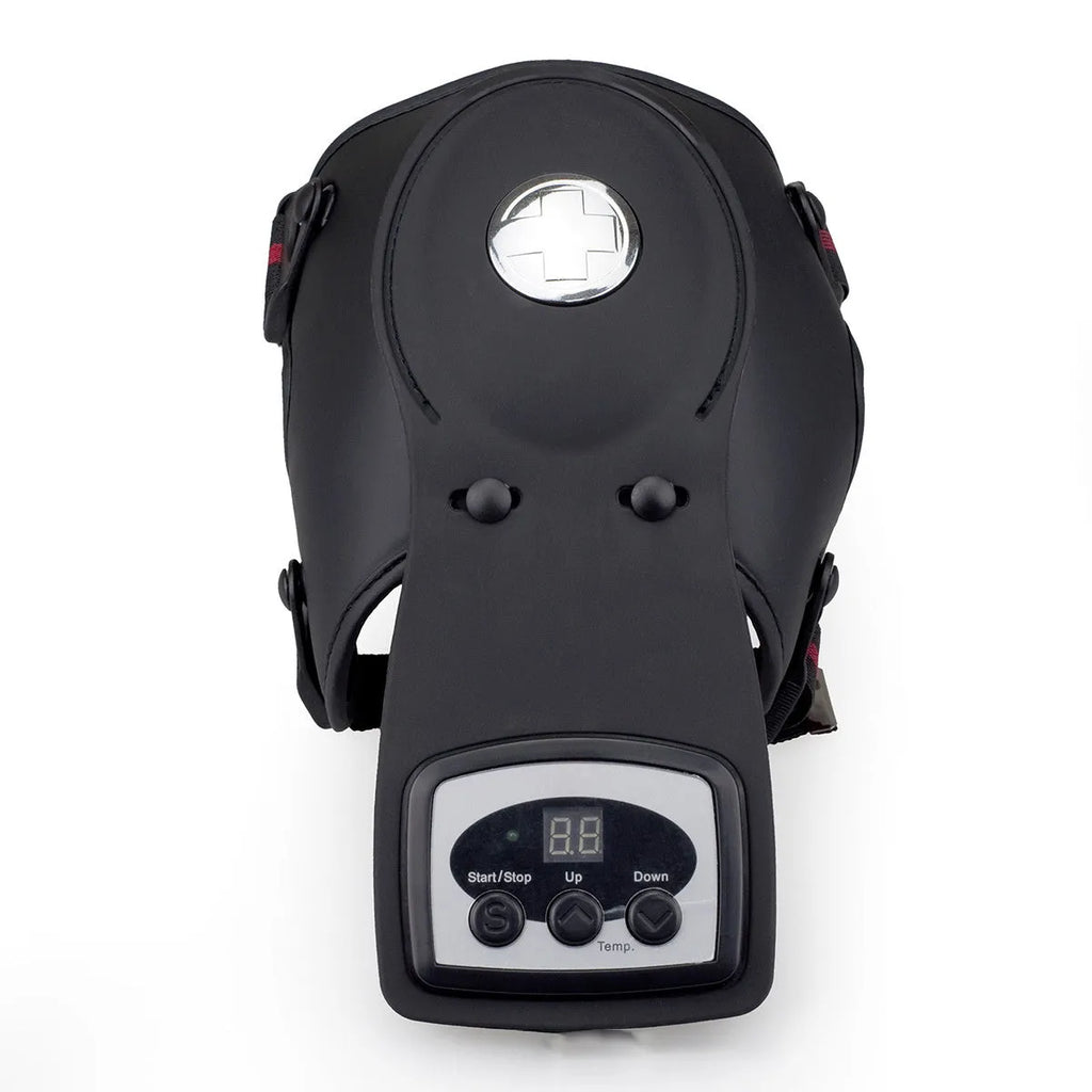 Electric infrared knee and shoulder massager with pads and temperature control display.