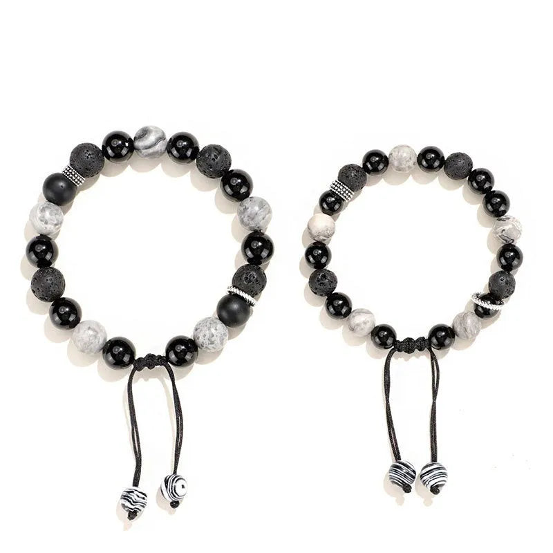 Black agate map stone volcanic rock bracelet with diamond-shaped stones and electroplated finish