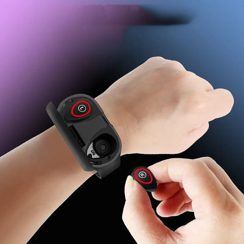 Blue silicone smart bracelet with 1-inch display showing fitness metrics and integrated earphones for wireless calling