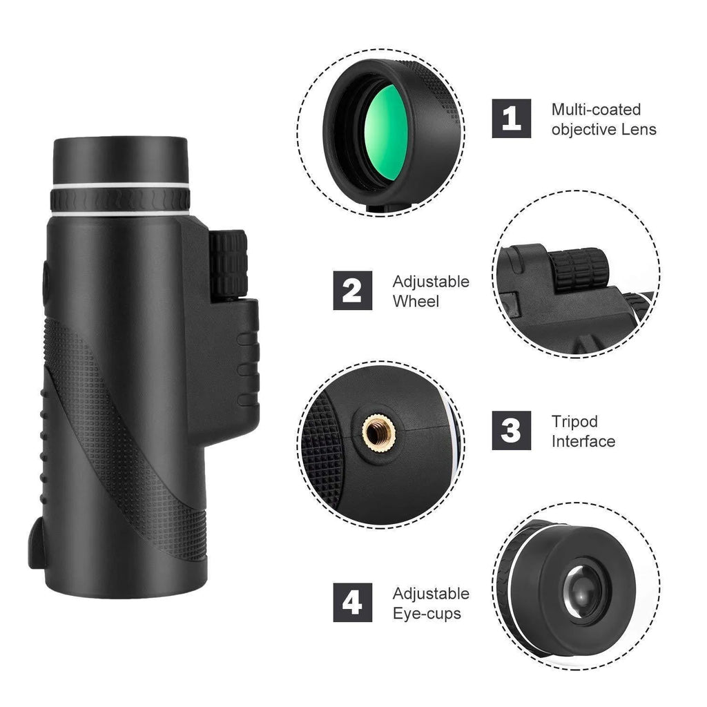 Black monocular telescope with 60mm lens for smartphones showing 40x magnification and waterproof design