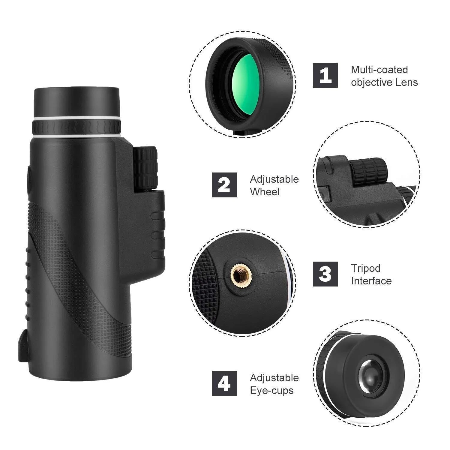 Black monocular telescope with 60mm lens for smartphones showing 40x magnification and waterproof design