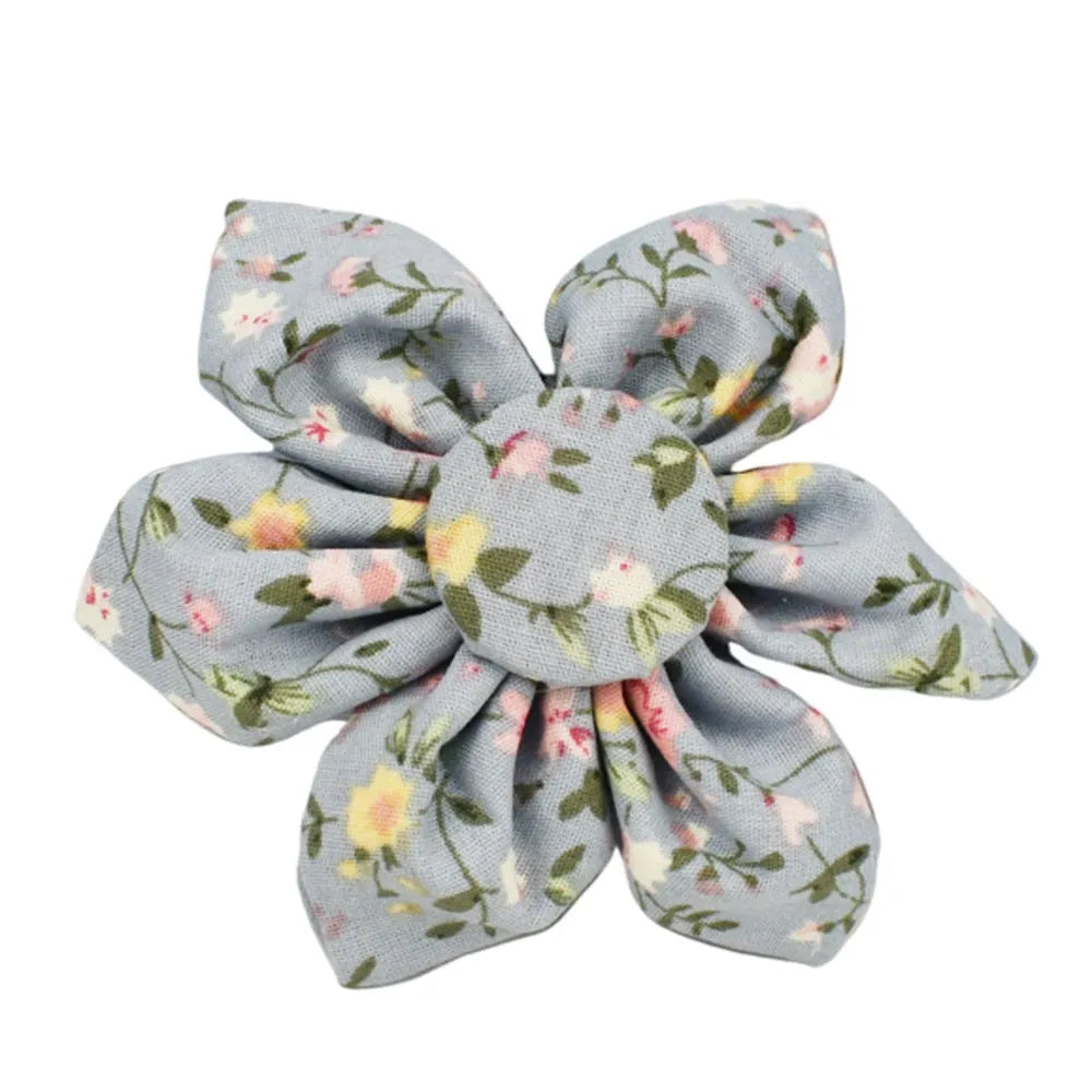 Blue floral polyester cotton dog collar set with matching leash, vest, poop bag, and decorative bow