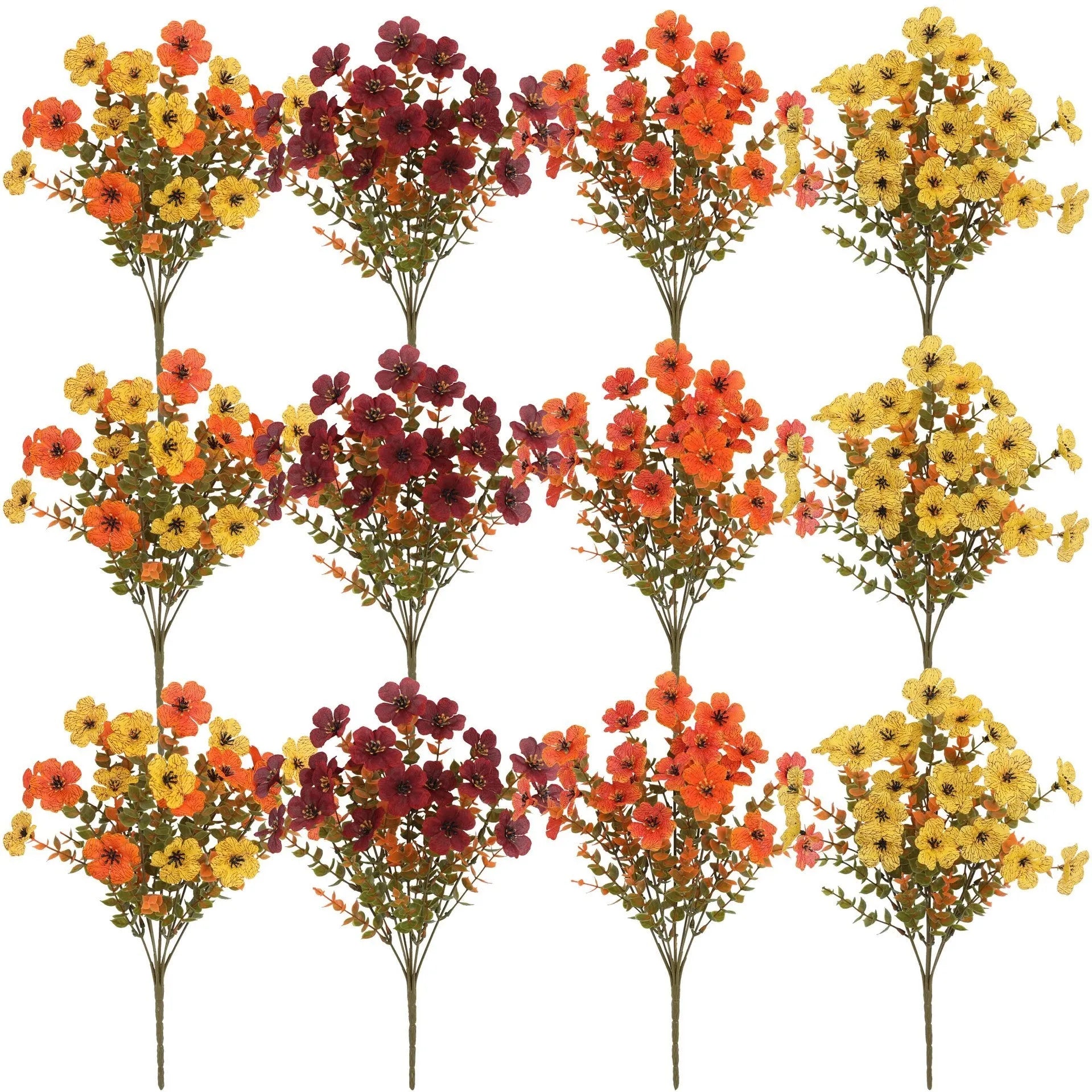 Artificial flower bouquet in autumn colours including orange, yellow, and red tones