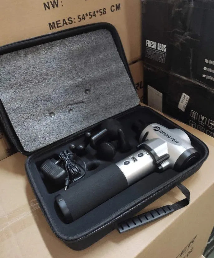Black and white cordless muscle massage gun with adjustable speed settings