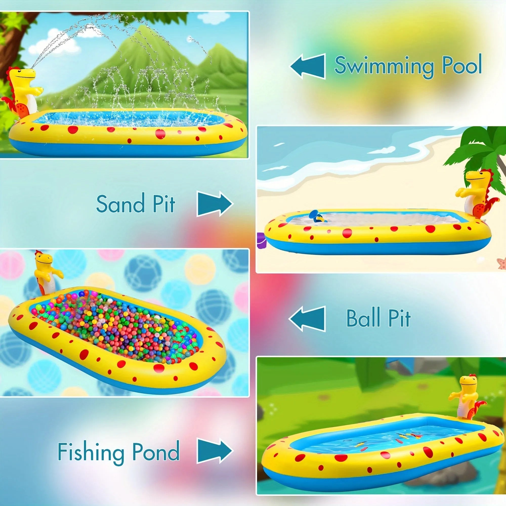 Blue inflatable dinosaur-shaped pool with water spray feature, shown in a garden setting.
