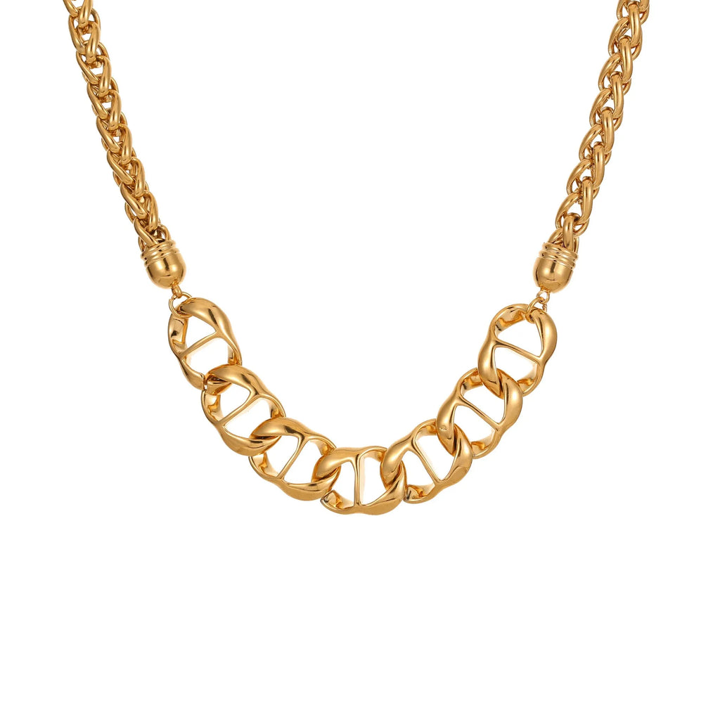 Stainless steel geometric pendant necklace with 18K gold plating in gold and steel colour options.