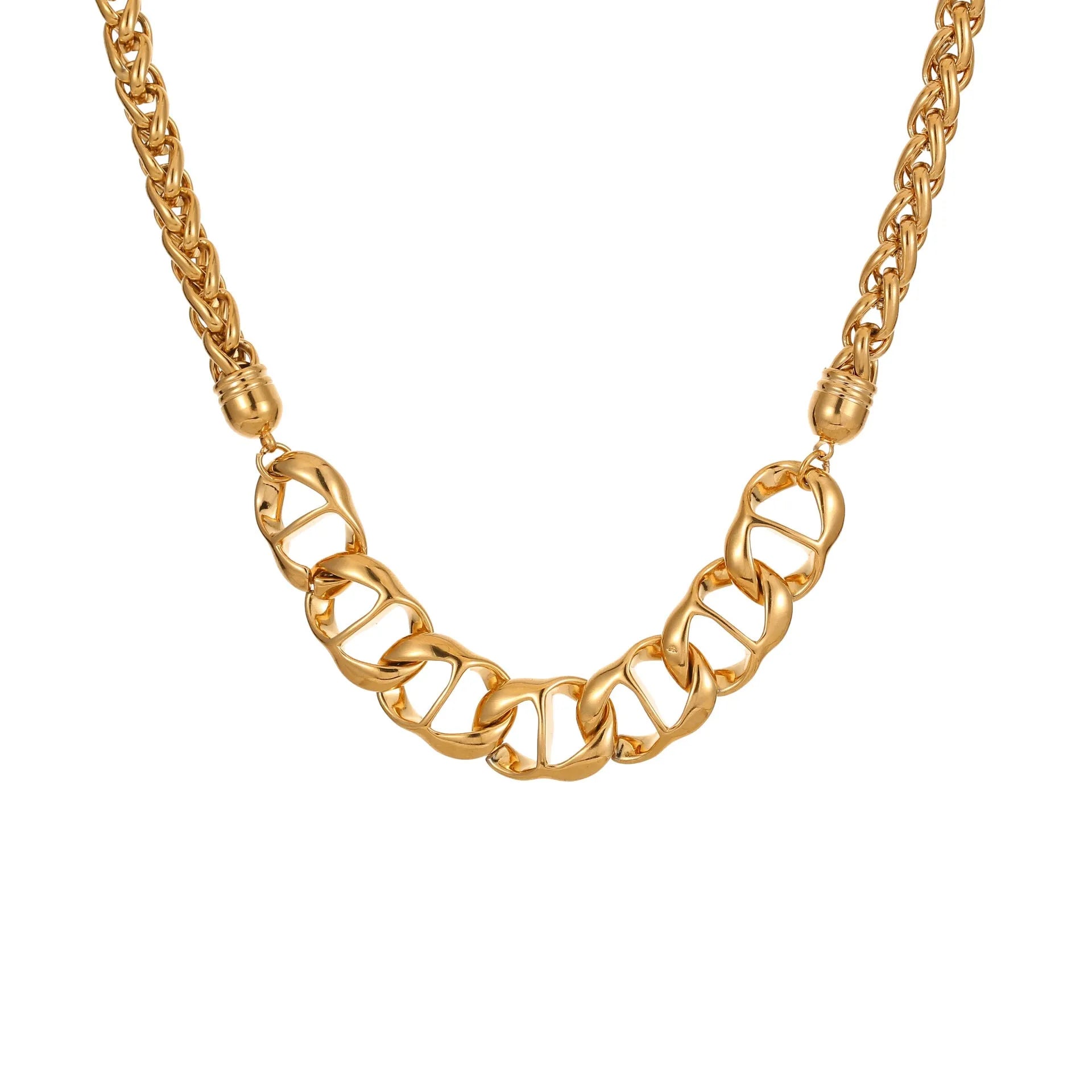 Stainless steel geometric pendant necklace with 18K gold plating in gold and steel colour options.