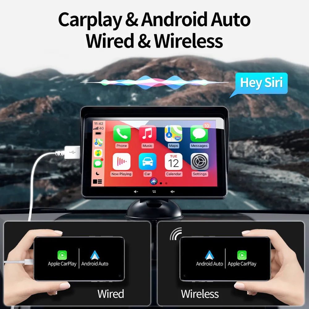 7-inch wireless CarPlay display with suction cup mount and cigarette lighter power adapter