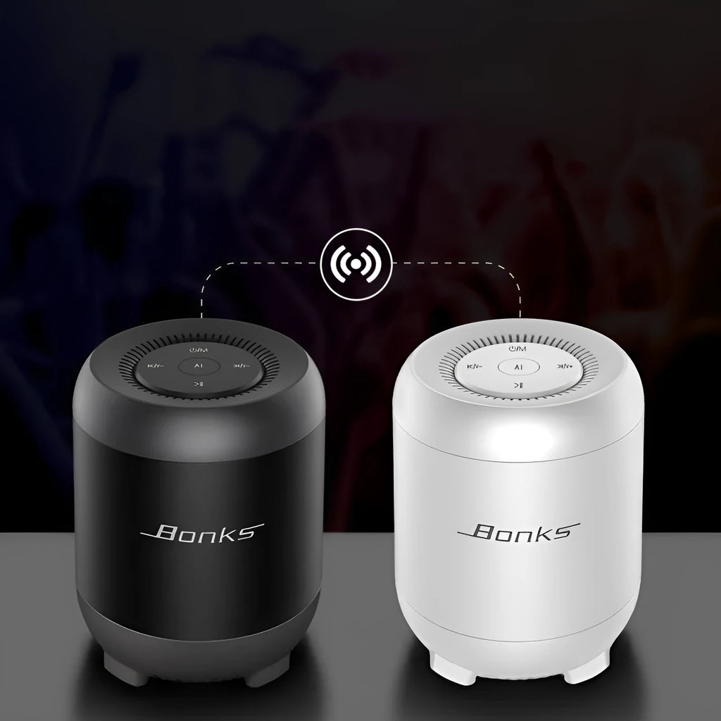 Black or white Bluetooth speaker with AI voice control and subwoofer boosting system