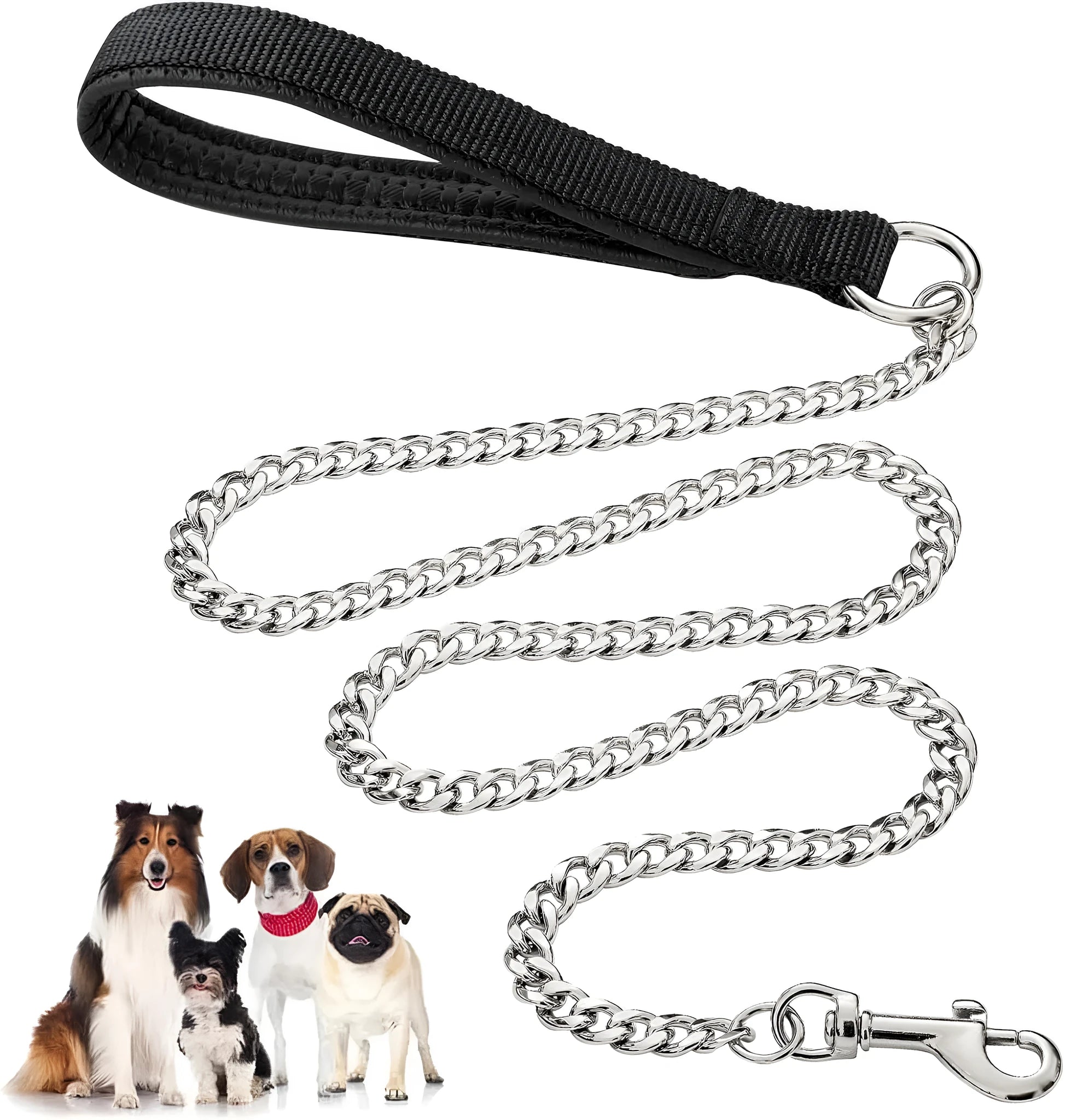 Heavy duty metal dog chain leash with soft black padded handle, shown in black, blue, and red.
