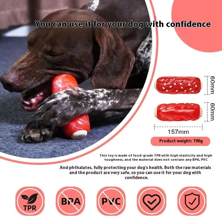 A primary-colour plastic molar rod dog chew toy with textured surfaces and a treat cavity.