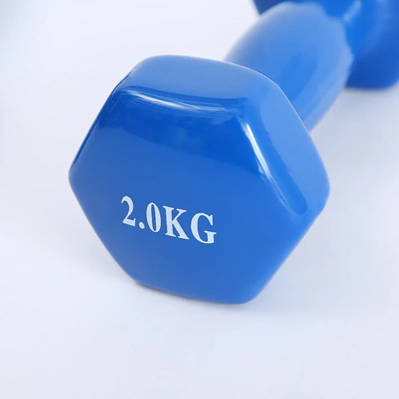 Bright colour plastic fitness dumbbells with gloss finish in 0.5KG, 1KG and 1.5KG weight options
