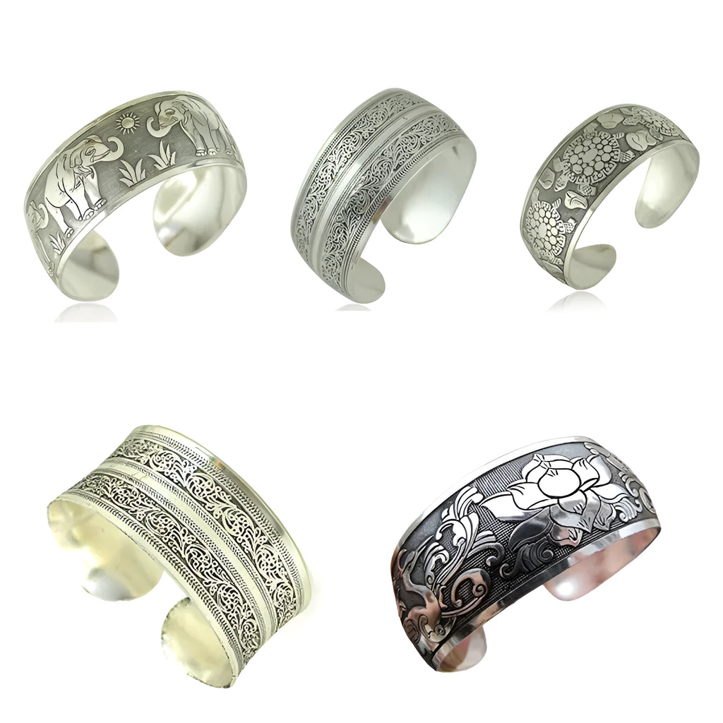 Ethnic carved open Miao silver Roman bracelet in alloy with elephant colour option
