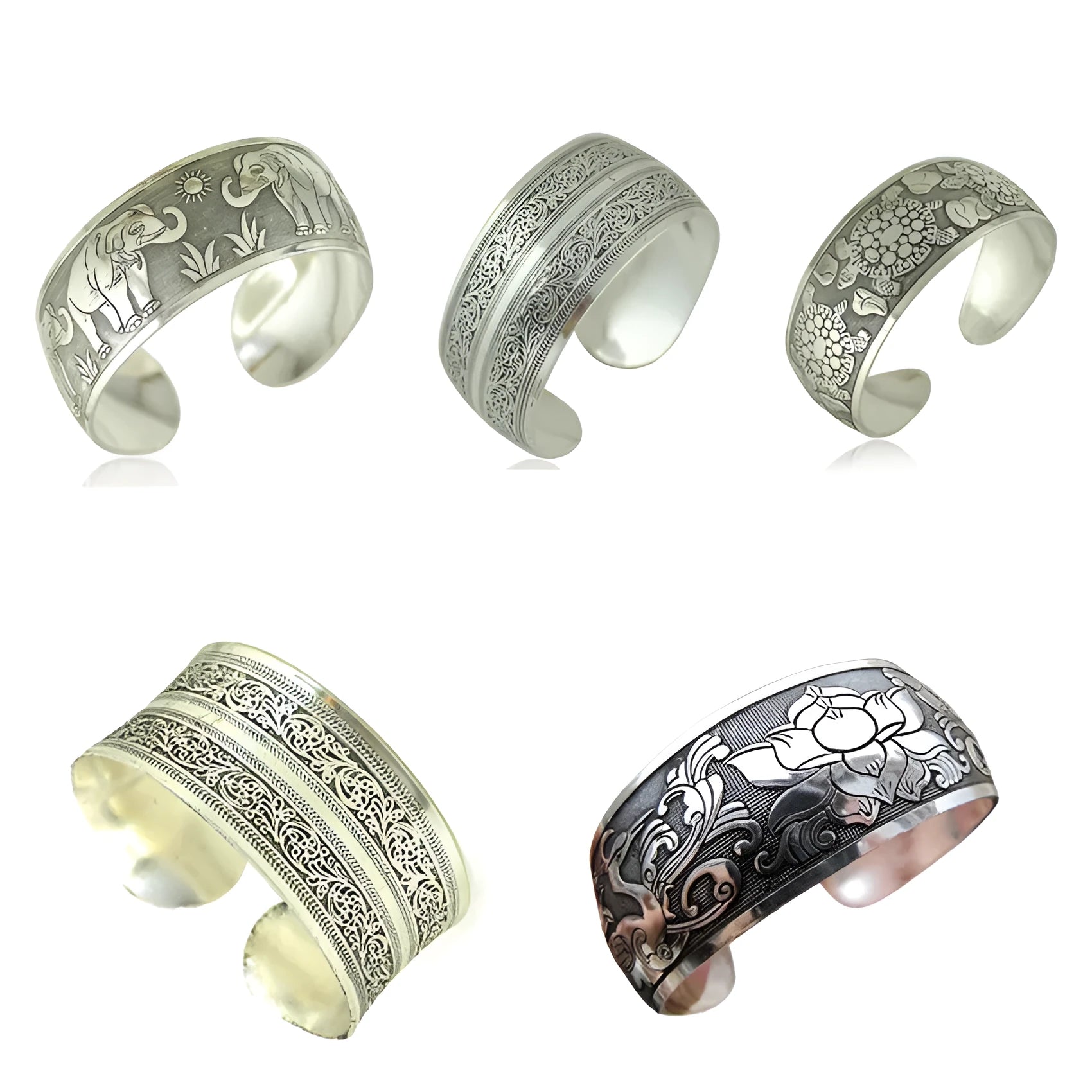 Ethnic carved open Miao silver Roman bracelet in alloy with elephant colour option