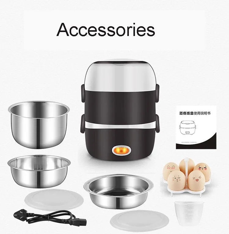 Multi-function USB-powered lunch box with heating element showing two-tier and three-tier capacity options
