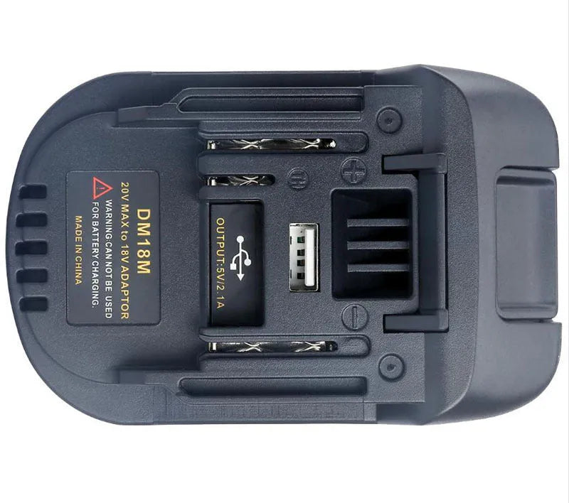 Black Milwaukee to Makita battery adapter showing DM18M to H99F connection for power tools