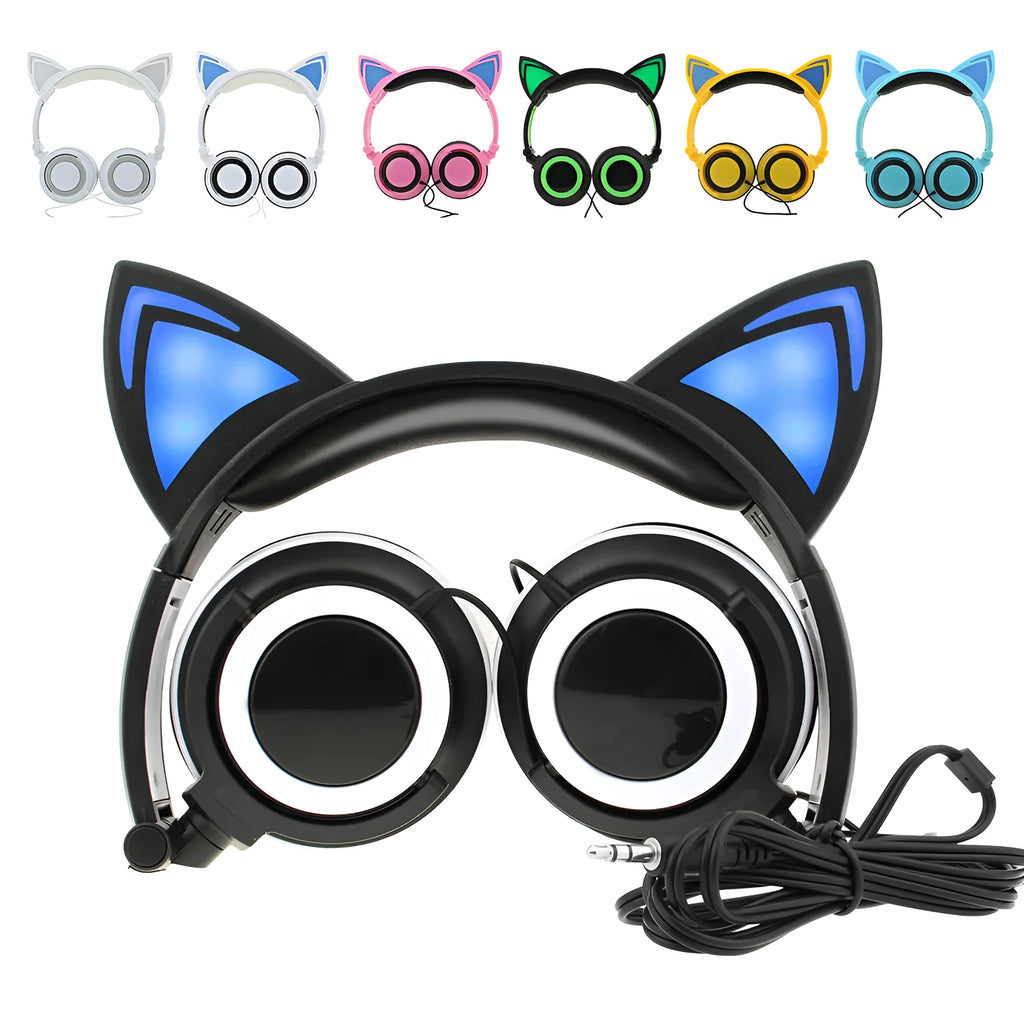 Colourful cat ear headphones with illuminated RGB LED lights in the ears and ear cushions on a black background.