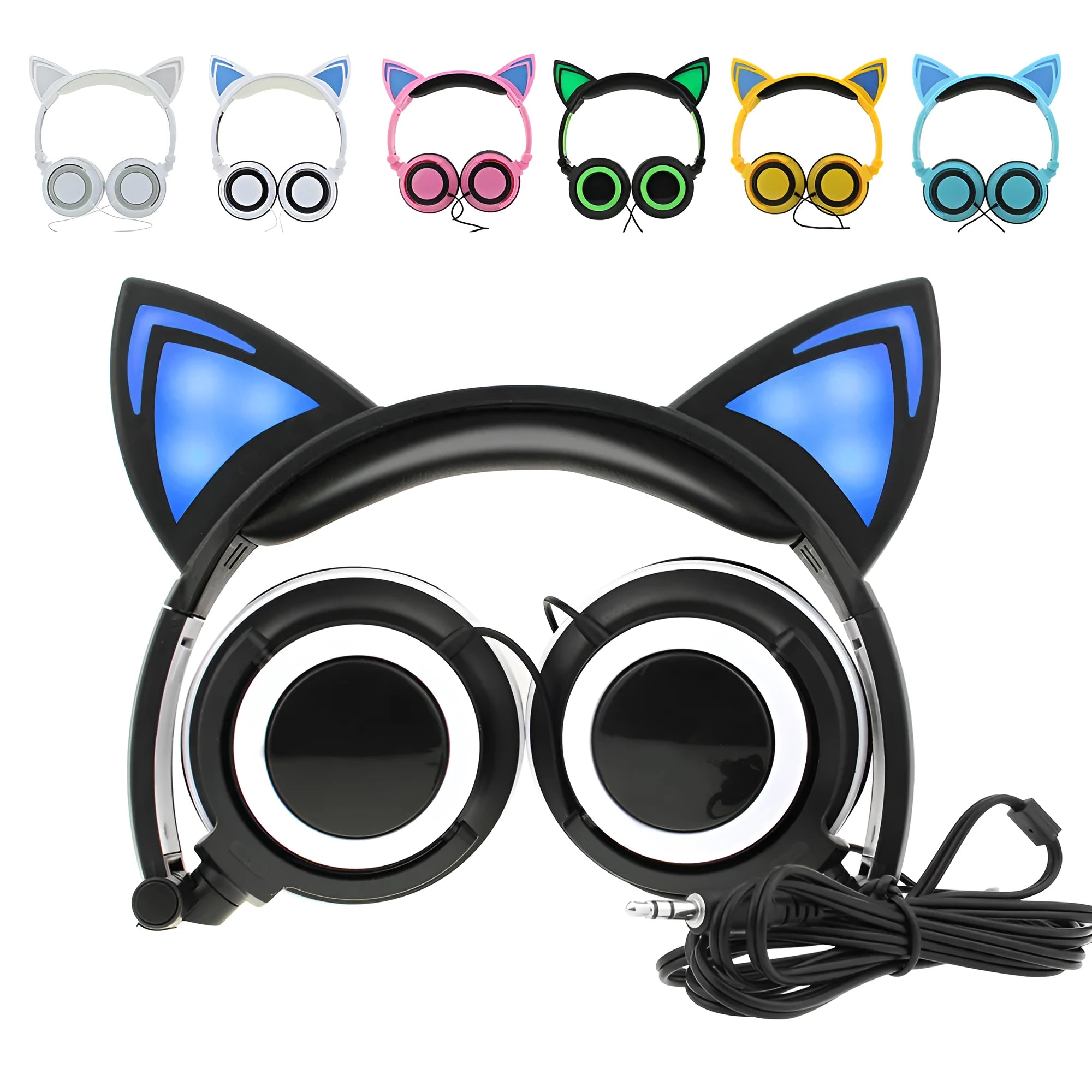 Colourful cat ear headphones with illuminated RGB LED lights in the ears and ear cushions on a black background.
